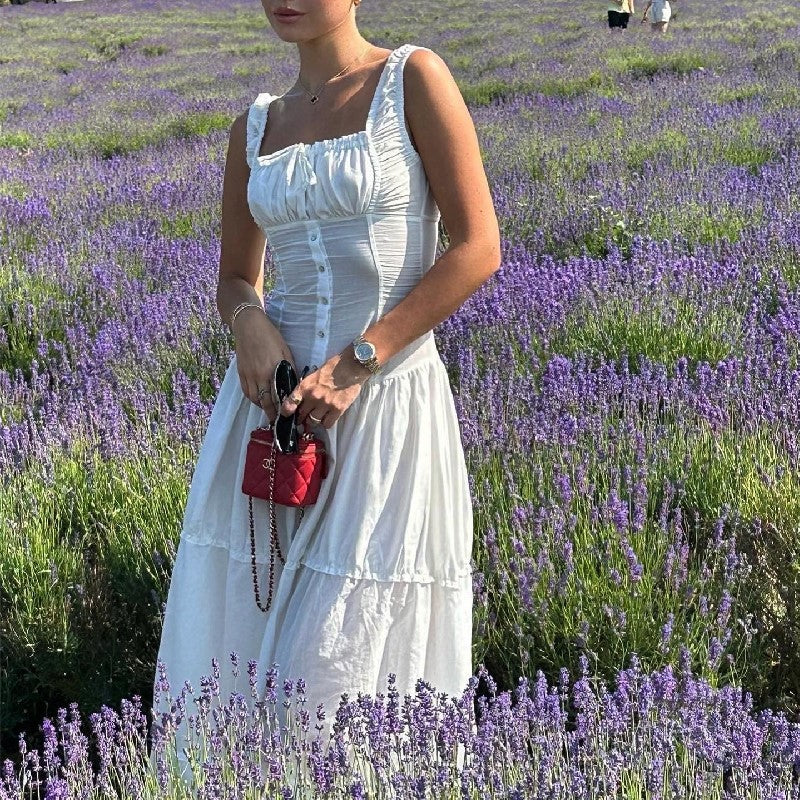 Tiered square neck maxi dress with corset-style button bodice and frilled hem - view 16