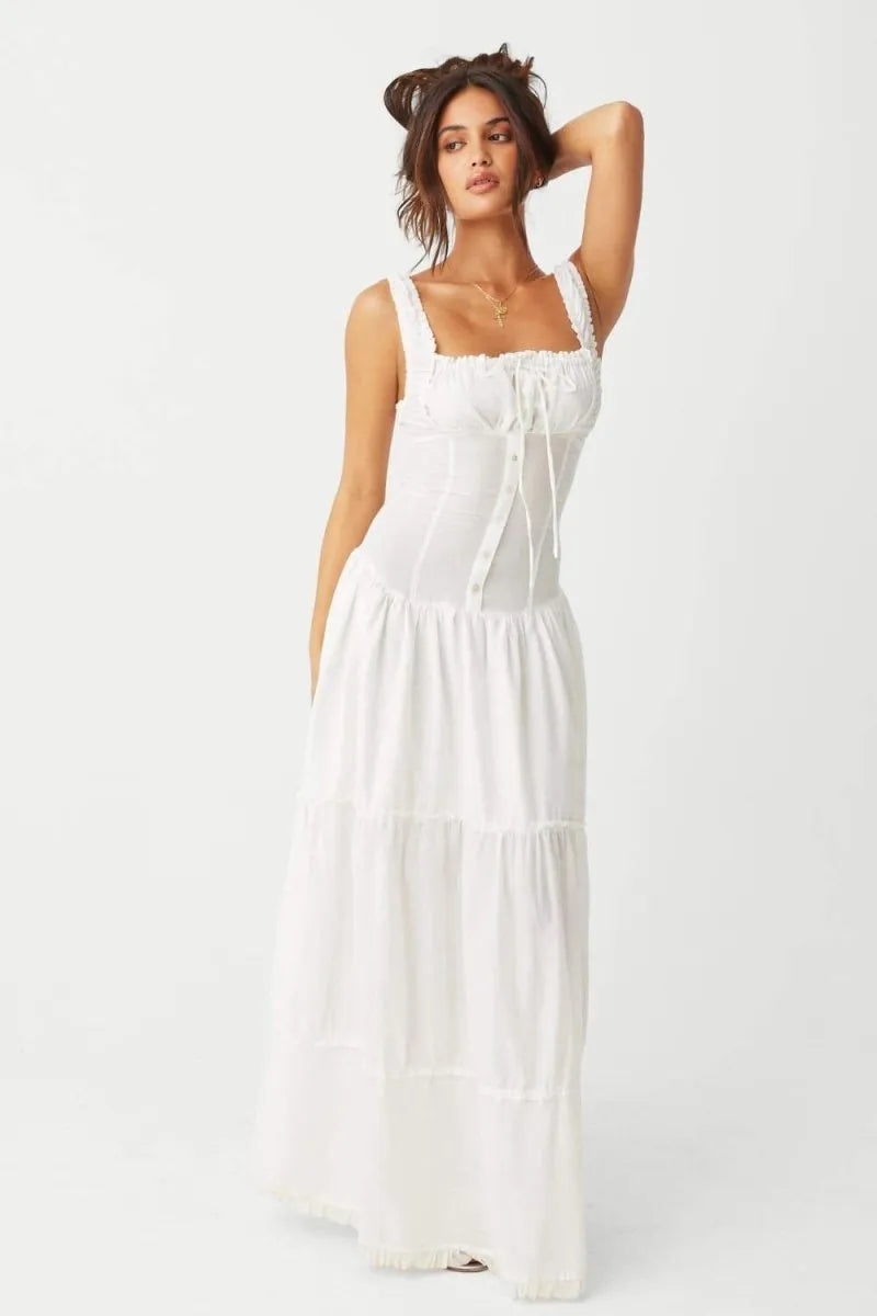 Tiered square neck maxi dress with corset-style button bodice and frilled hem - view 17