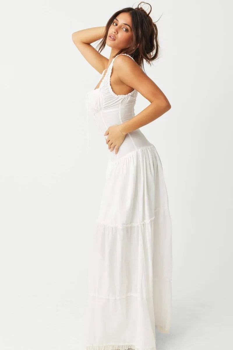 Tiered square neck maxi dress with corset-style button bodice and frilled hem - view 18