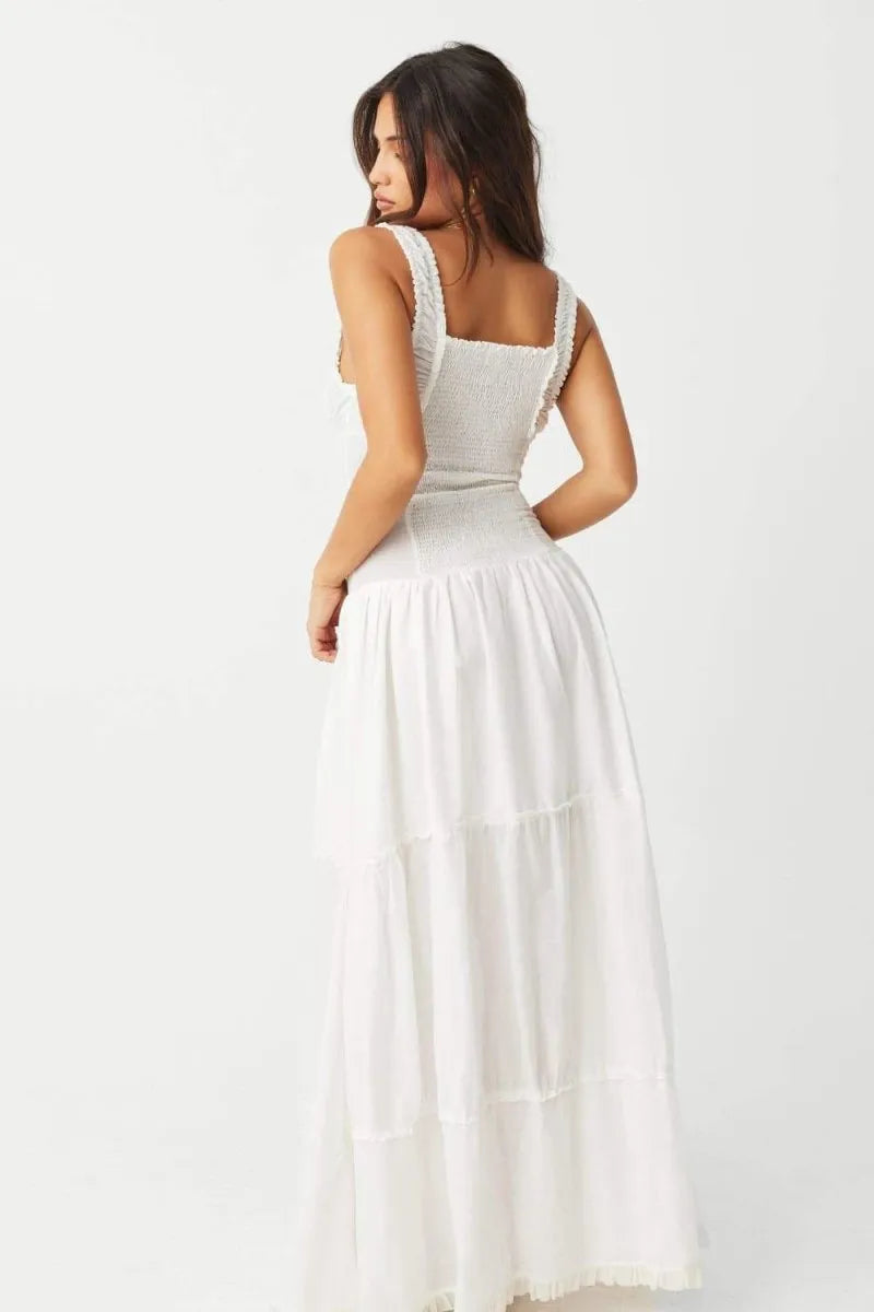 Tiered square neck maxi dress with corset-style button bodice and frilled hem - view 20