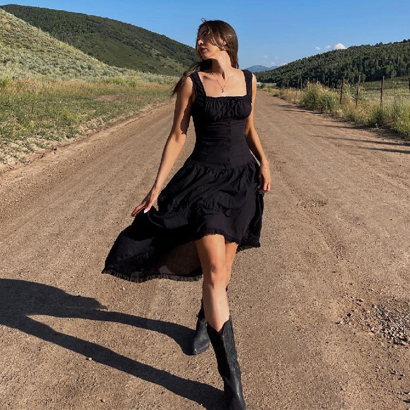 Tiered square neck maxi dress with corset-style button bodice and frilled hem - view 21