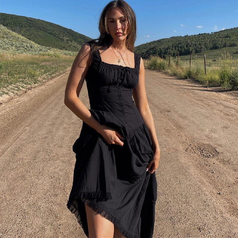 Tiered square neck maxi dress with corset-style button bodice and frilled hem - view 23