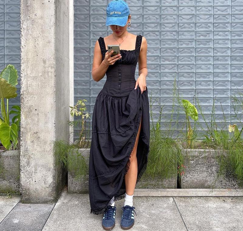 Tiered square neck maxi dress with corset-style button bodice and frilled hem - view 26