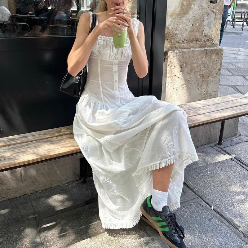 Tiered square neck maxi dress with corset-style button bodice and frilled hem - view 3