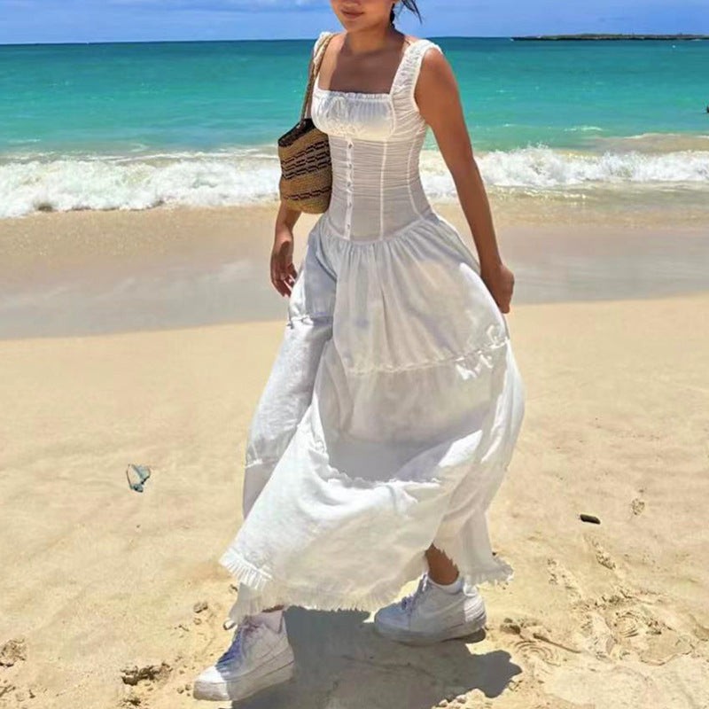 Tiered square neck maxi dress with corset-style button bodice and frilled hem - view 4