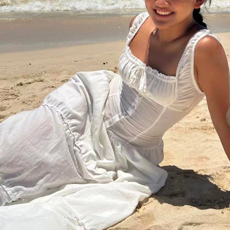 Tiered square neck maxi dress with corset-style button bodice and frilled hem - view 5
