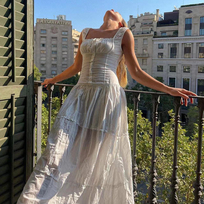 Tiered square neck maxi dress with corset-style button bodice and frilled hem - view 6