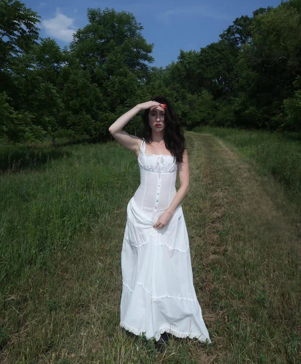 Tiered square neck maxi dress with corset-style button bodice and frilled hem - view 7
