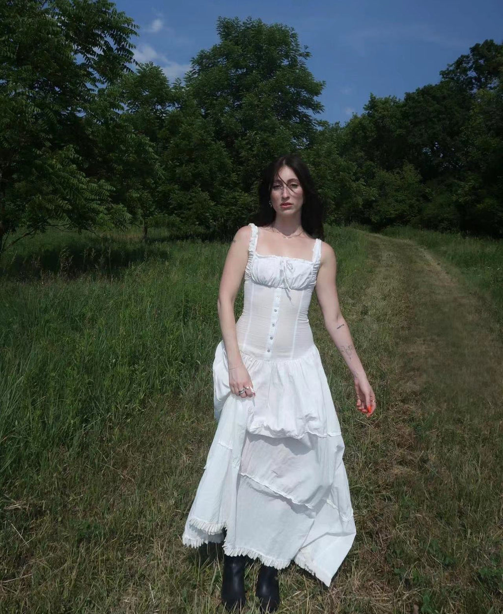 Tiered square neck maxi dress with corset-style button bodice and frilled hem - view 8