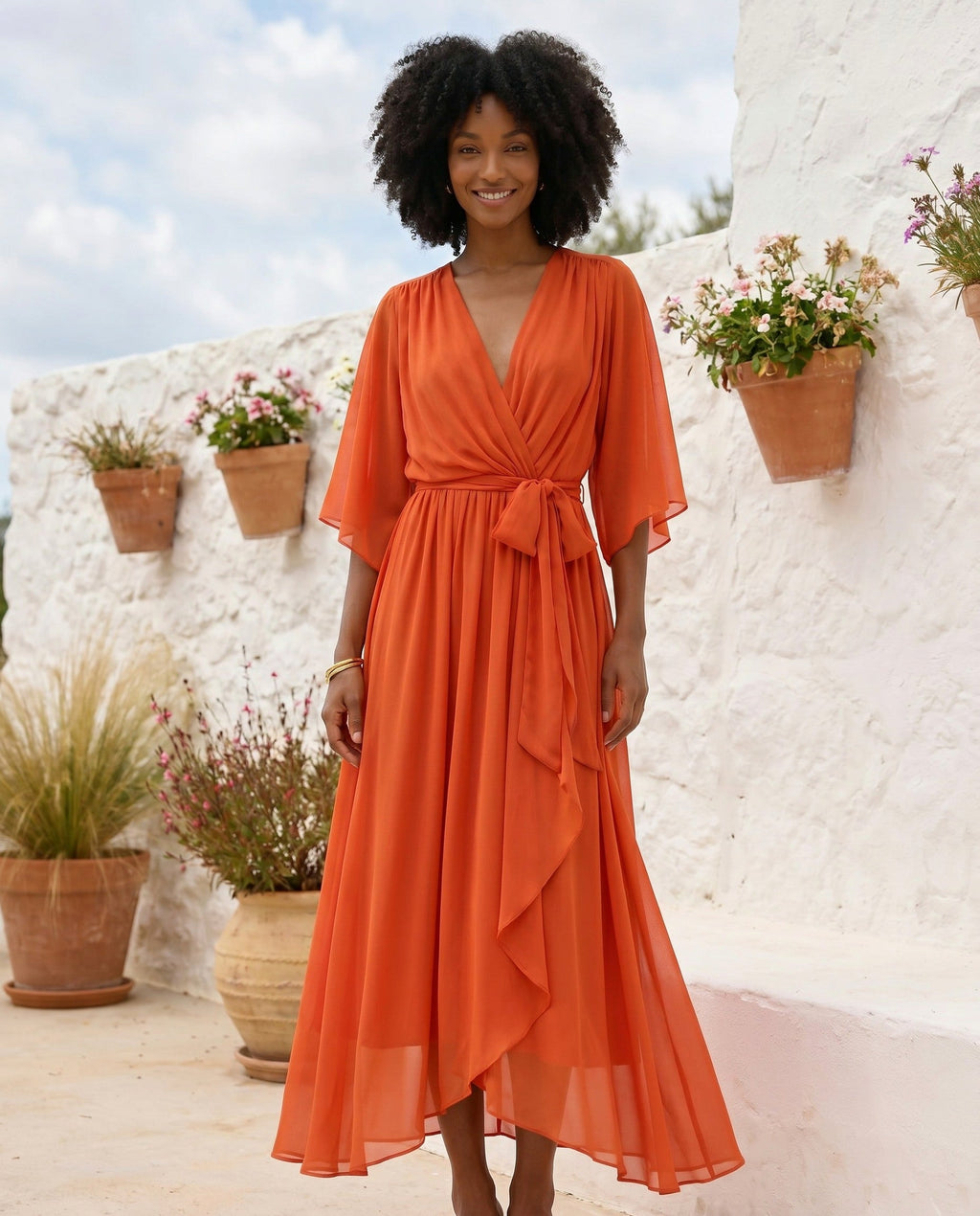 Orange chiffon wrap maxi dress with kimono sleeves and tie waist