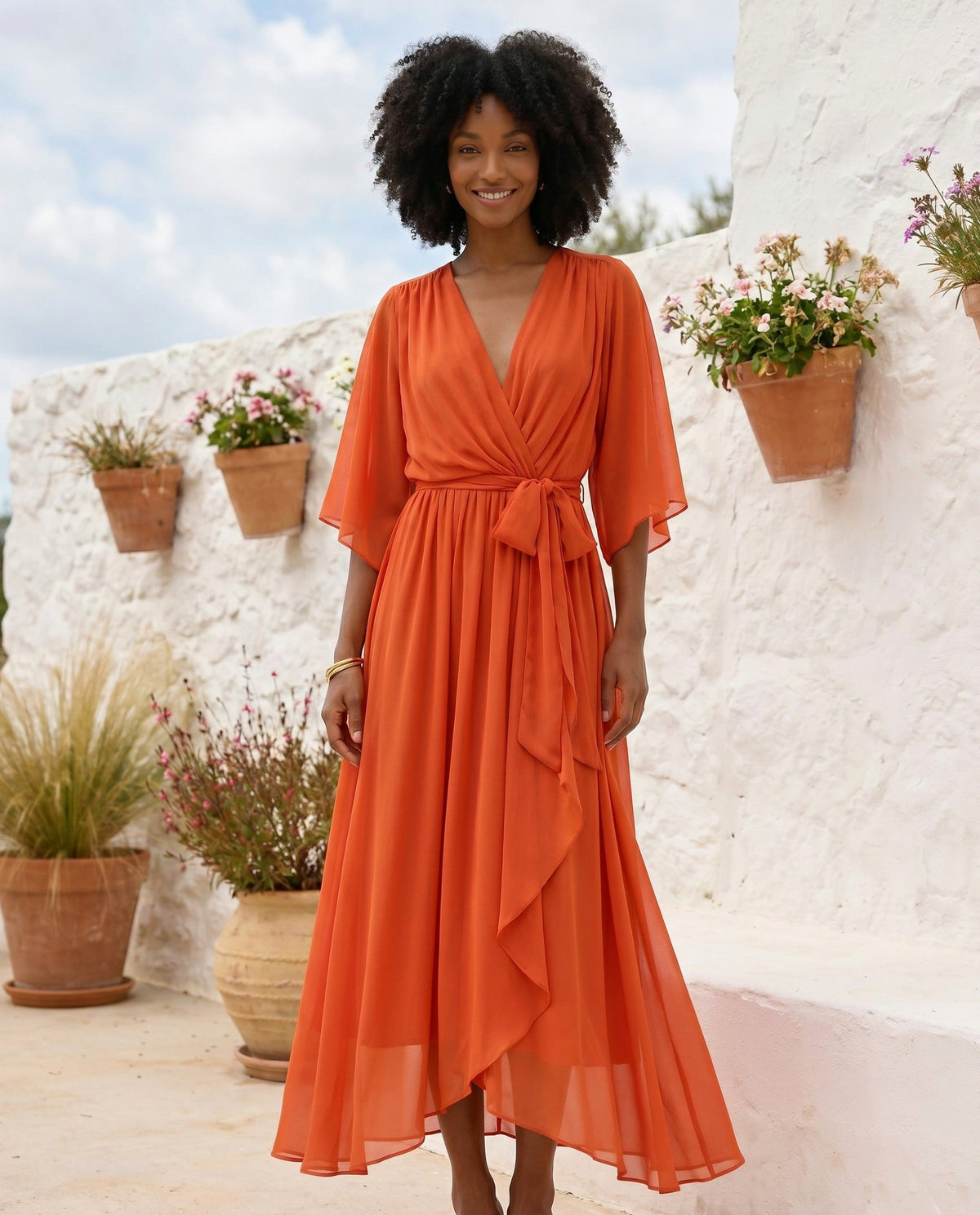 Orange chiffon wrap maxi dress with kimono sleeves and tie waist