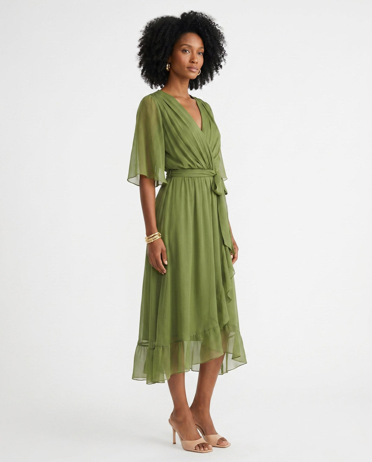 Orange chiffon wrap maxi dress with kimono sleeves and tie waist - view 10