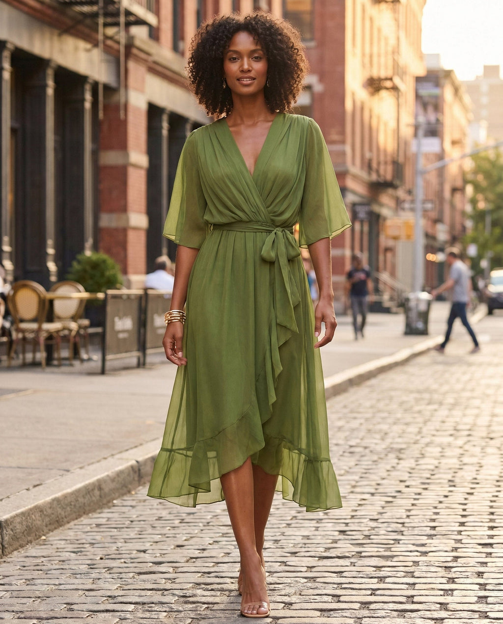 Orange chiffon wrap maxi dress with kimono sleeves and tie waist - view 12