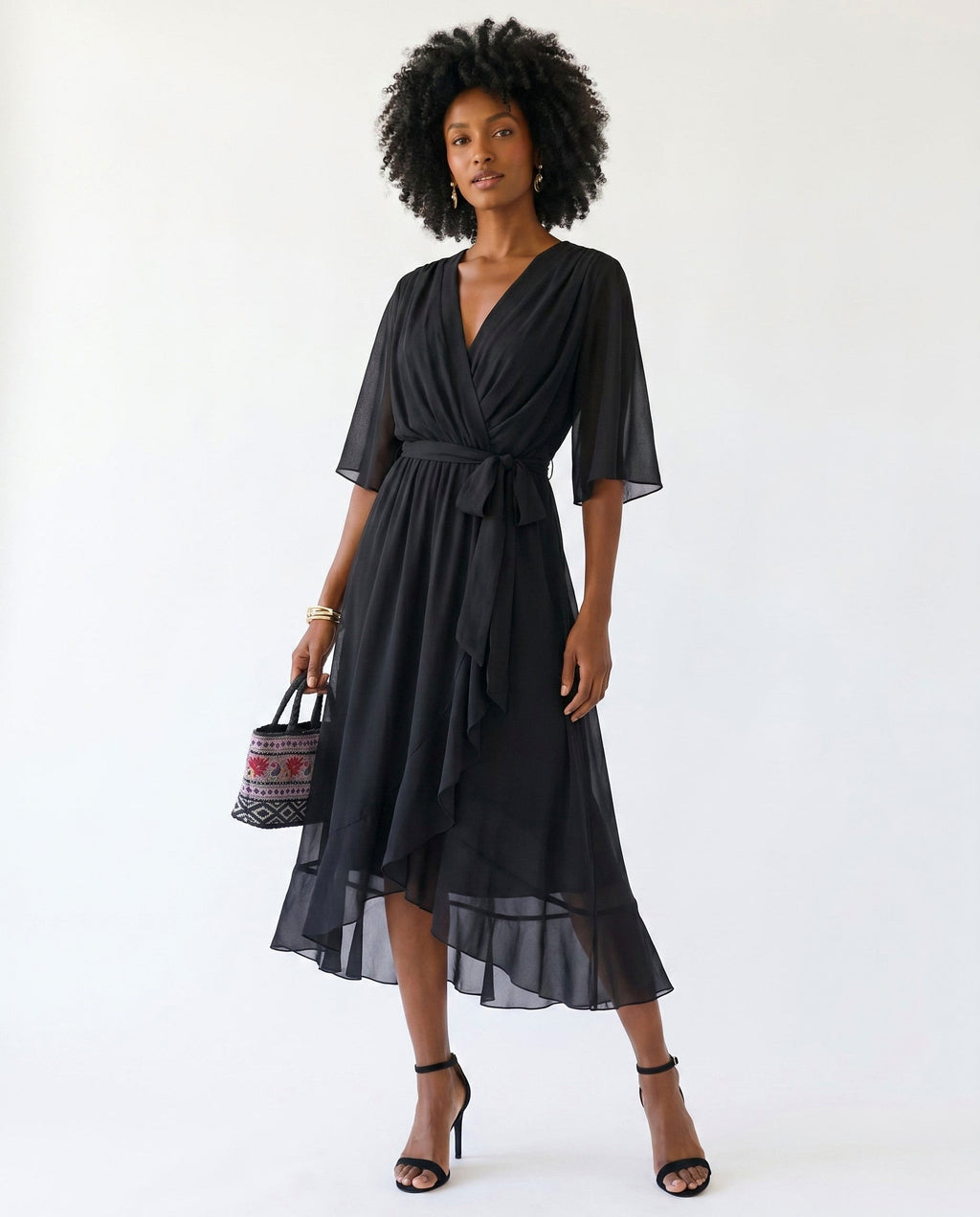 Orange chiffon wrap maxi dress with kimono sleeves and tie waist - view 14