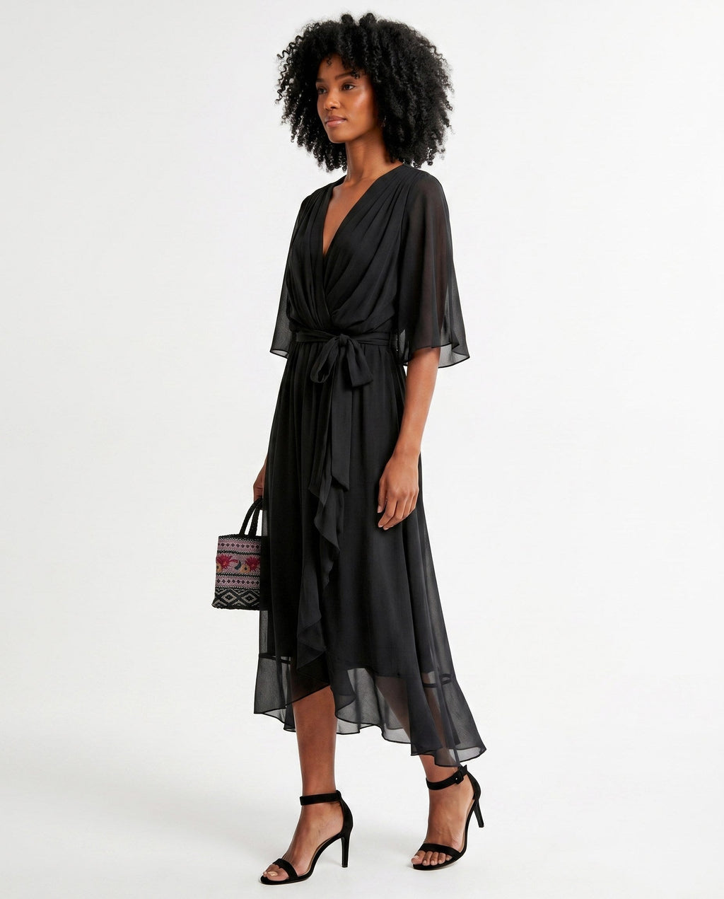 Orange chiffon wrap maxi dress with kimono sleeves and tie waist - view 15