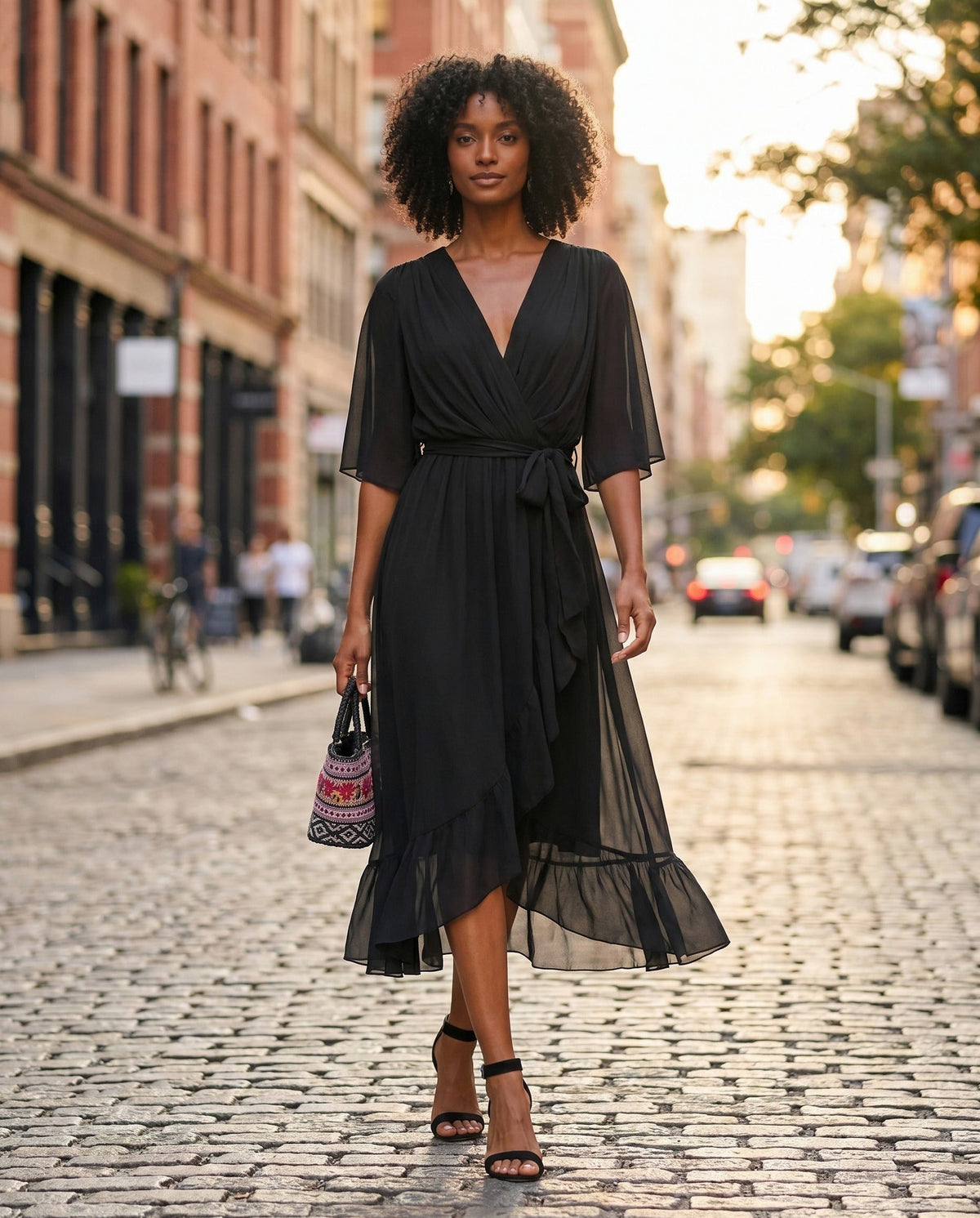 Orange chiffon wrap maxi dress with kimono sleeves and tie waist - view 17