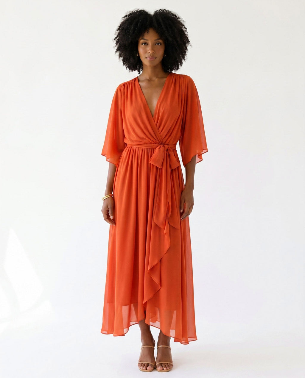 Orange chiffon wrap maxi dress with kimono sleeves and tie waist - view 2