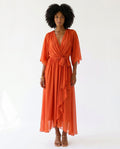 Orange chiffon wrap maxi dress with kimono sleeves and tie waist - view 2
