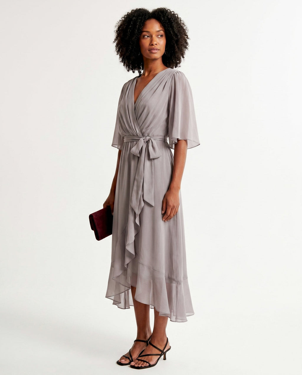 Orange chiffon wrap maxi dress with kimono sleeves and tie waist - view 20