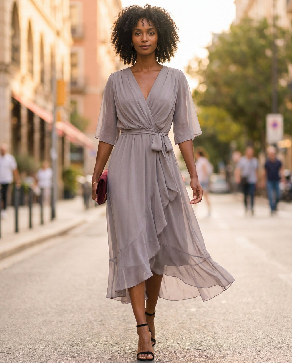 Orange chiffon wrap maxi dress with kimono sleeves and tie waist - view 22