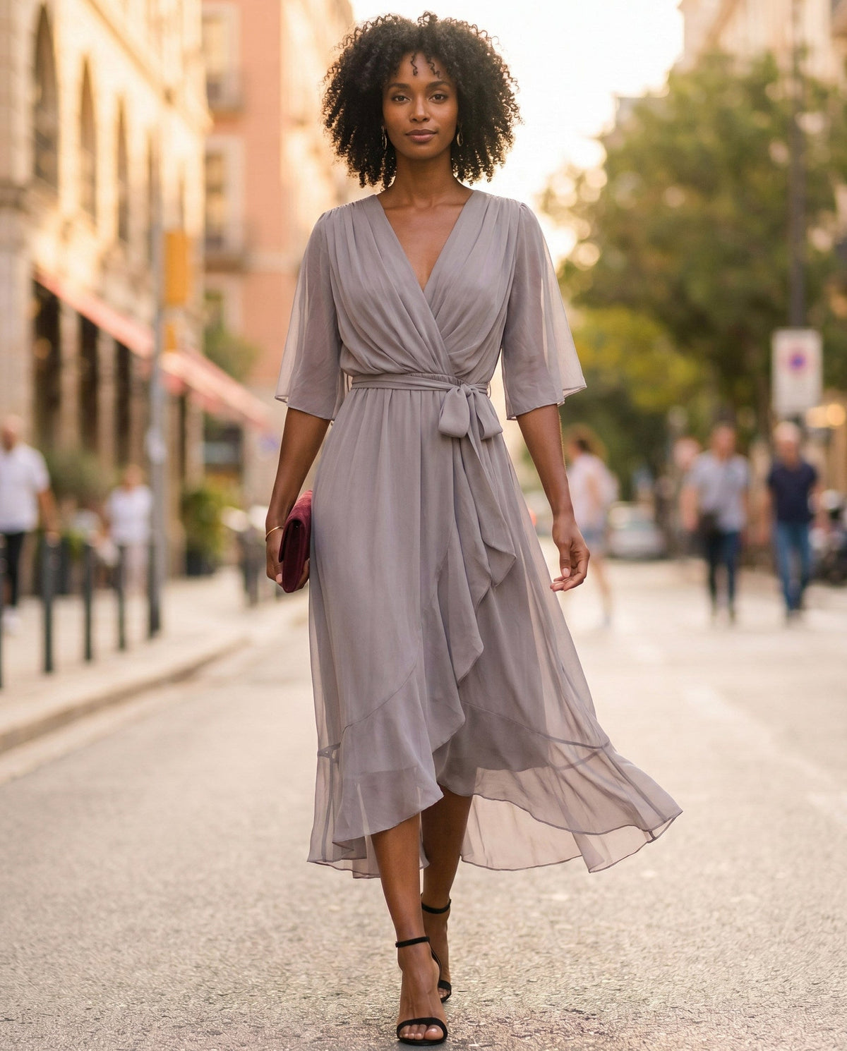 Orange chiffon wrap maxi dress with kimono sleeves and tie waist - view 22