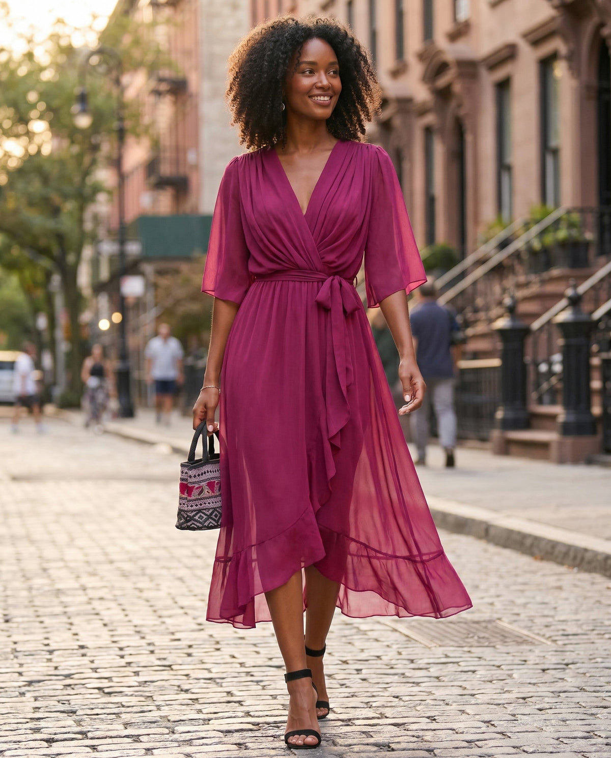 Orange chiffon wrap maxi dress with kimono sleeves and tie waist - view 26