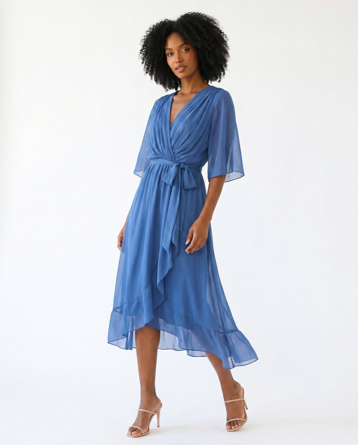 Orange chiffon wrap maxi dress with kimono sleeves and tie waist - view 28