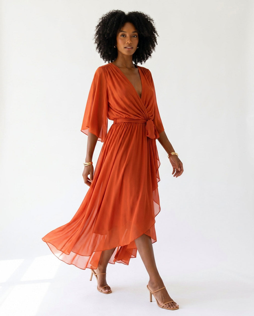 Orange chiffon wrap maxi dress with kimono sleeves and tie waist - view 3