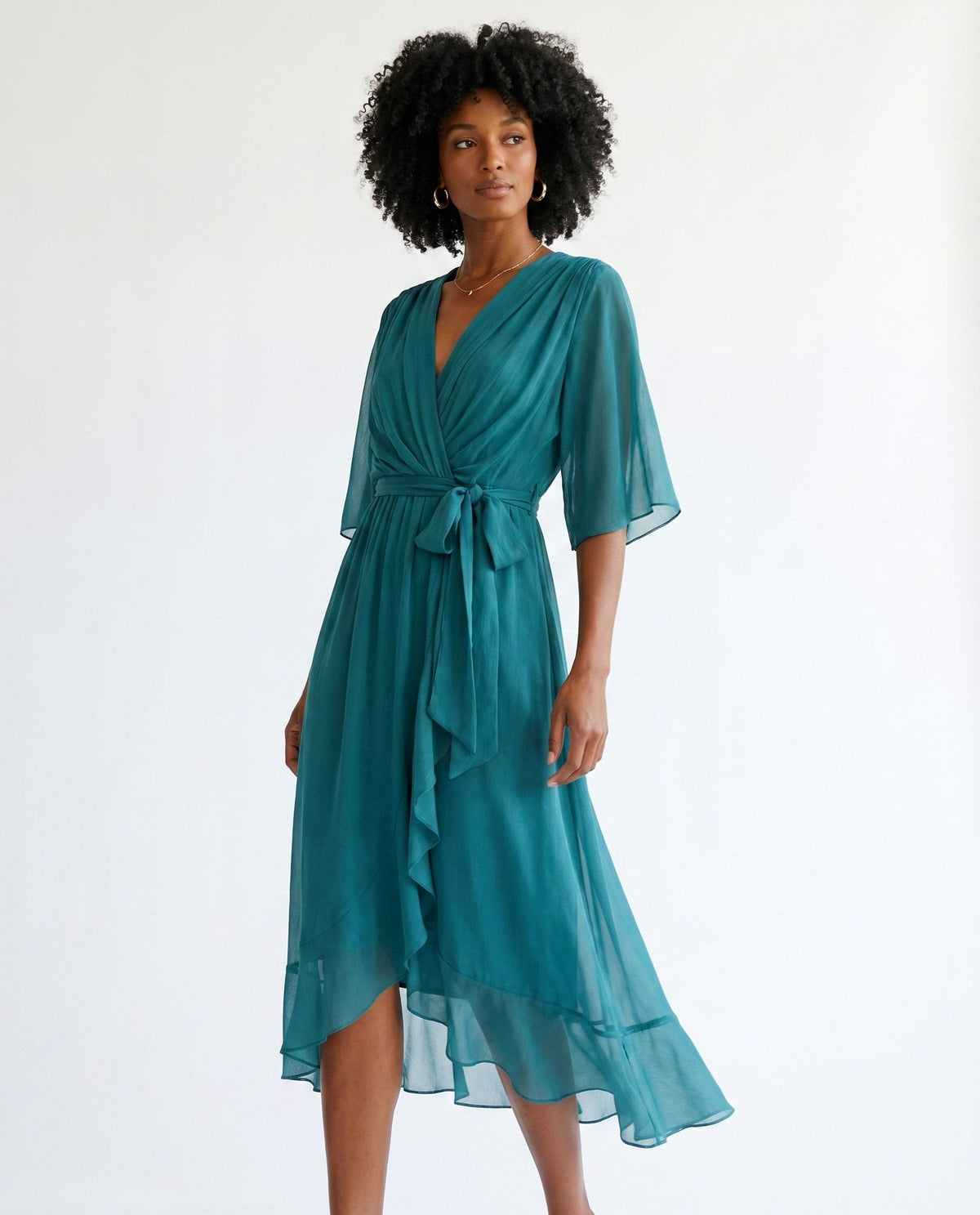 Orange chiffon wrap maxi dress with kimono sleeves and tie waist - view 33