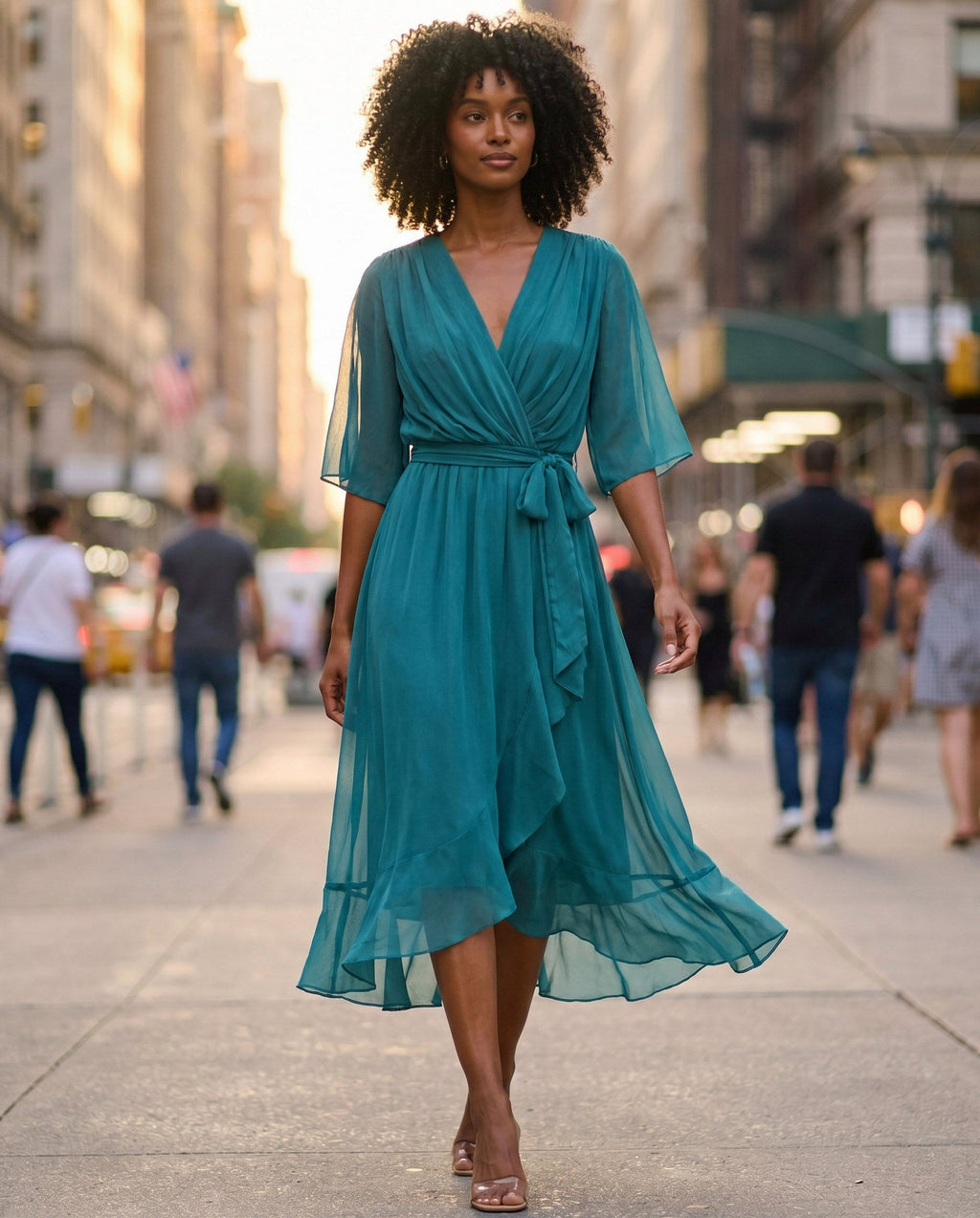 Orange chiffon wrap maxi dress with kimono sleeves and tie waist - view 36