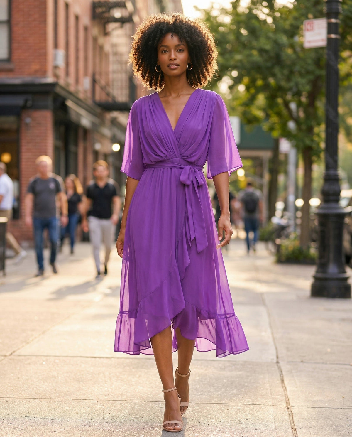 Orange chiffon wrap maxi dress with kimono sleeves and tie waist - view 39