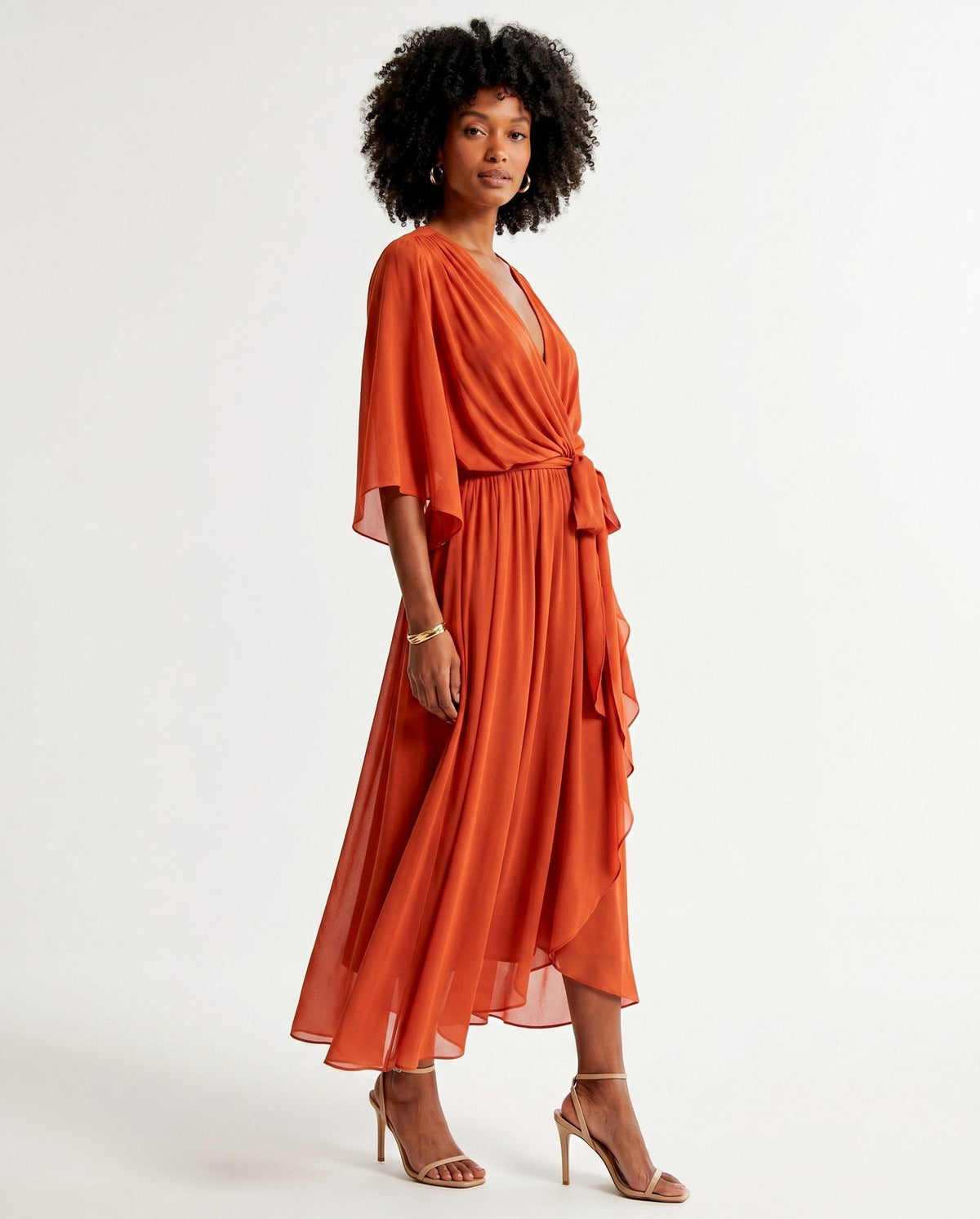 Orange chiffon wrap maxi dress with kimono sleeves and tie waist - view 4