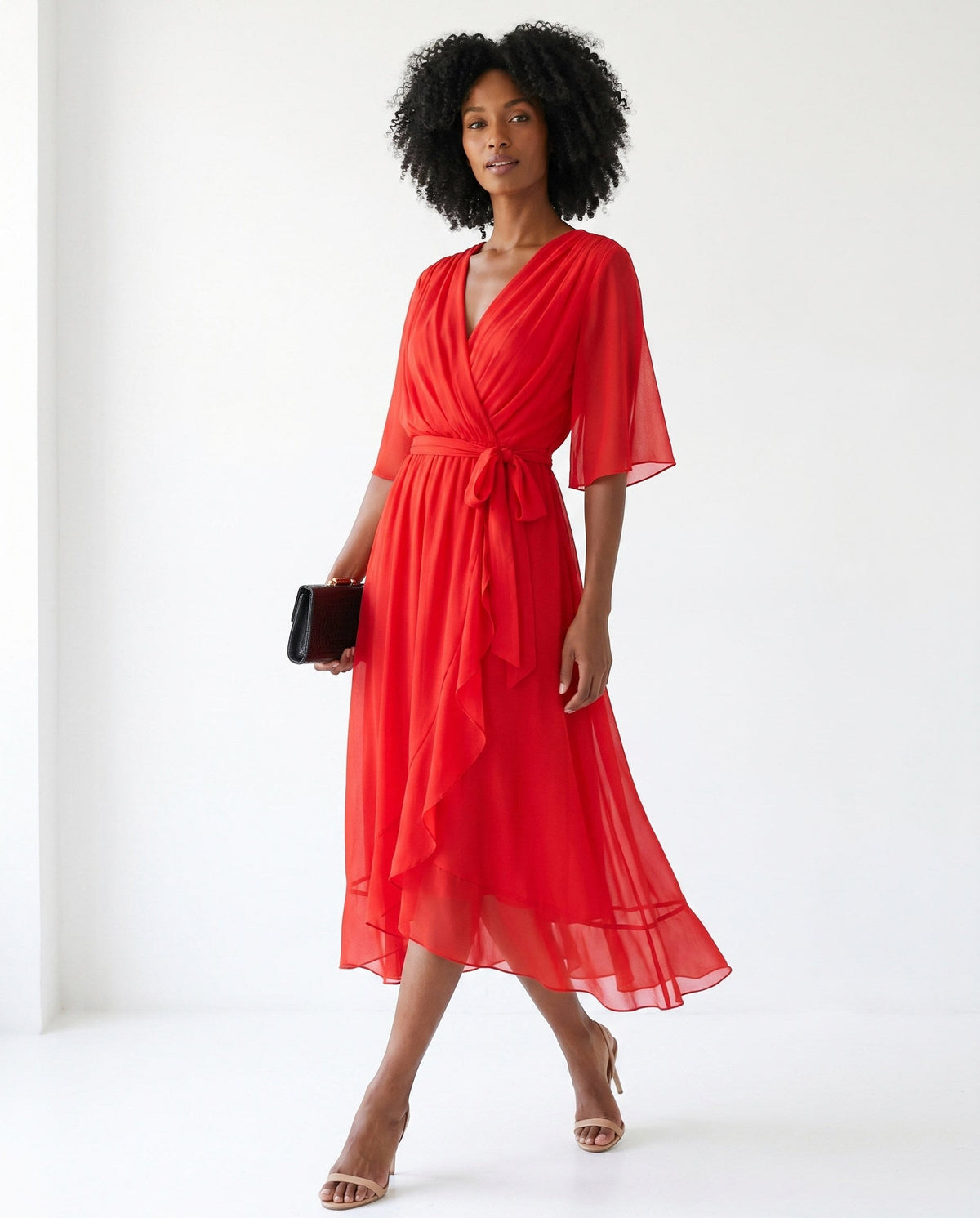 Orange chiffon wrap maxi dress with kimono sleeves and tie waist - view 41