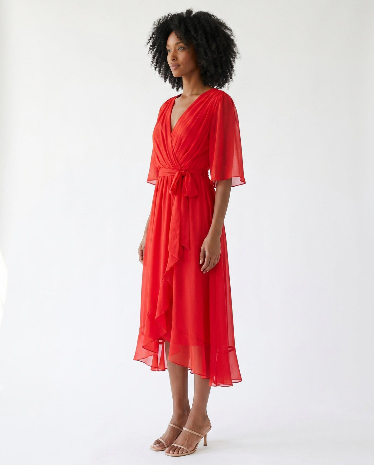 Orange chiffon wrap maxi dress with kimono sleeves and tie waist - view 42