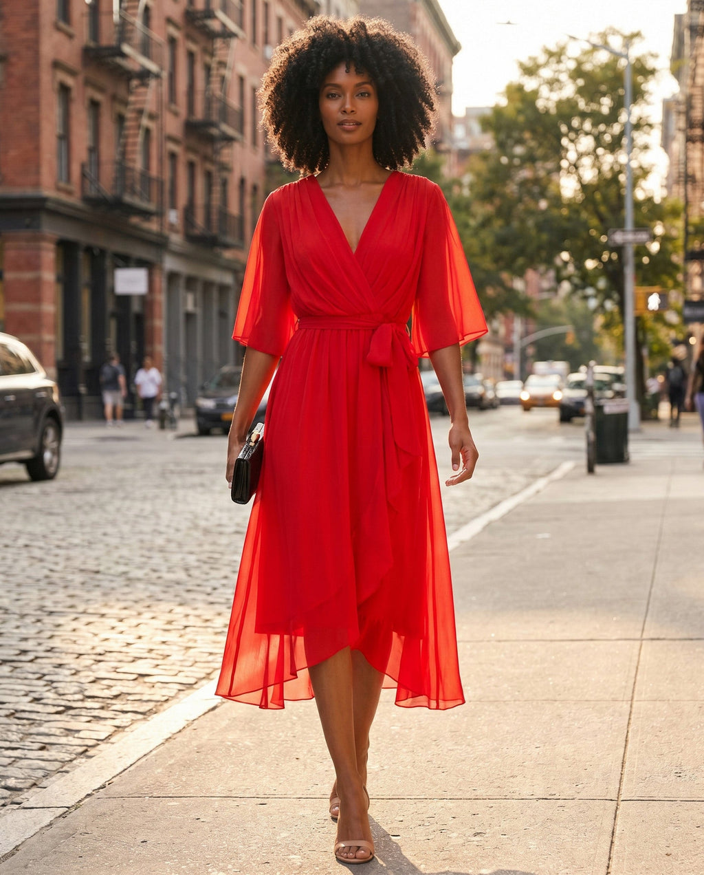 Orange chiffon wrap maxi dress with kimono sleeves and tie waist - view 44