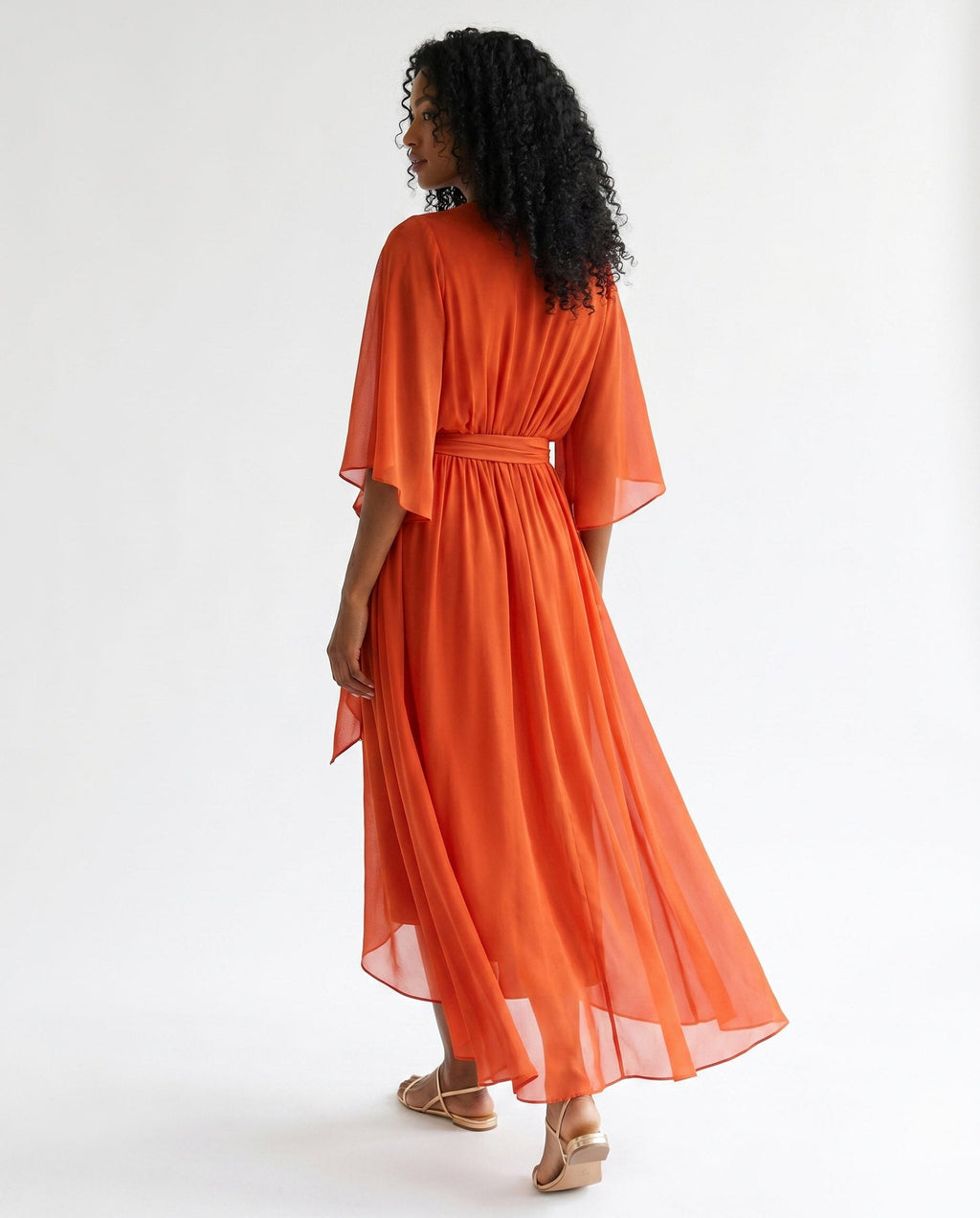 Orange chiffon wrap maxi dress with kimono sleeves and tie waist - view 5