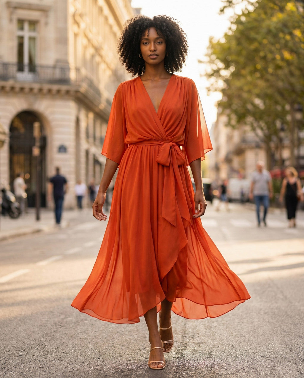 Orange chiffon wrap maxi dress with kimono sleeves and tie waist - view 6
