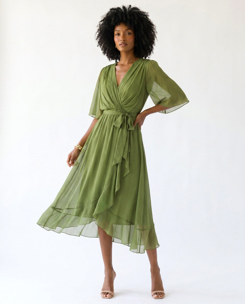 Orange chiffon wrap maxi dress with kimono sleeves and tie waist - view 9