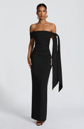 Off shoulder maxi dress with bardot neckline, draped scarf tie and ruched waist