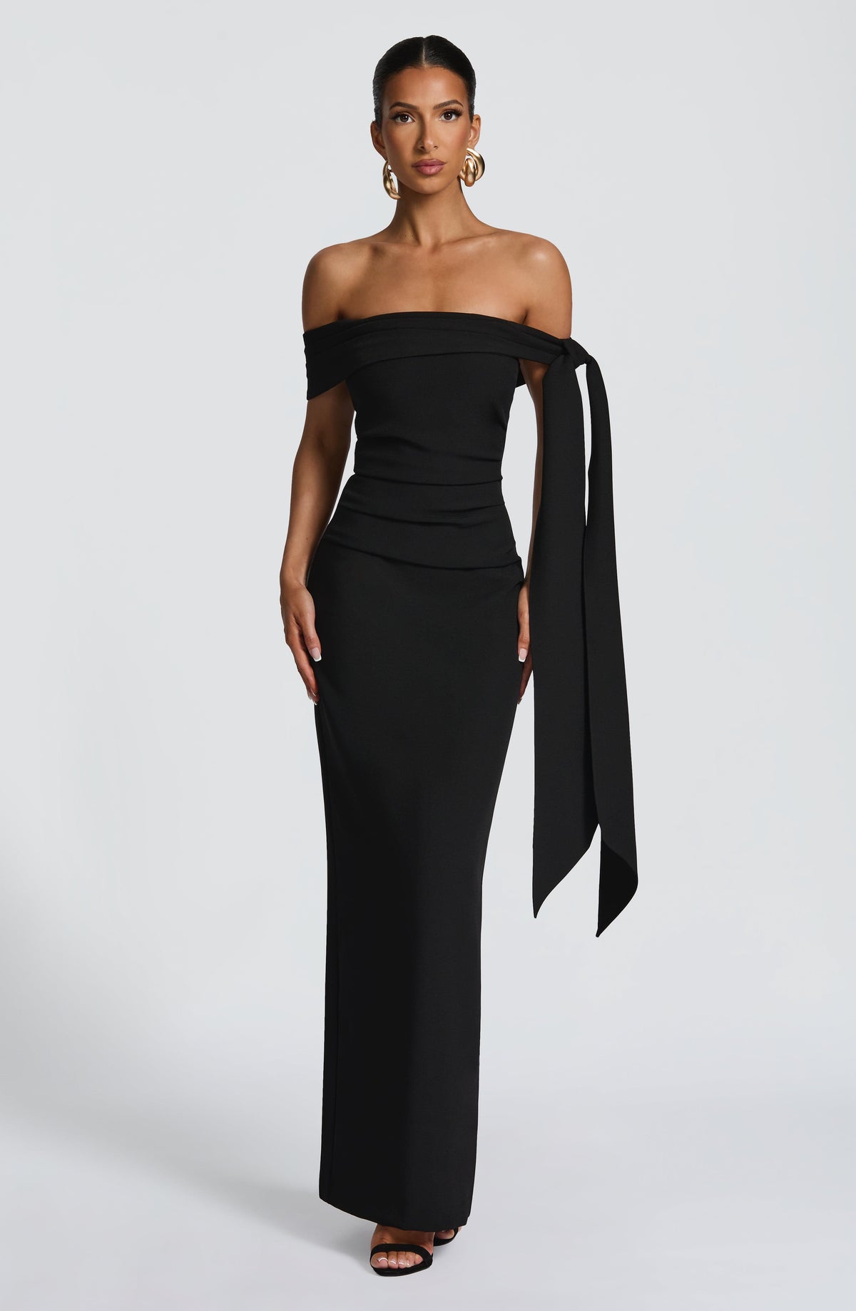 Off shoulder maxi dress with bardot neckline, draped scarf tie and ruched waist