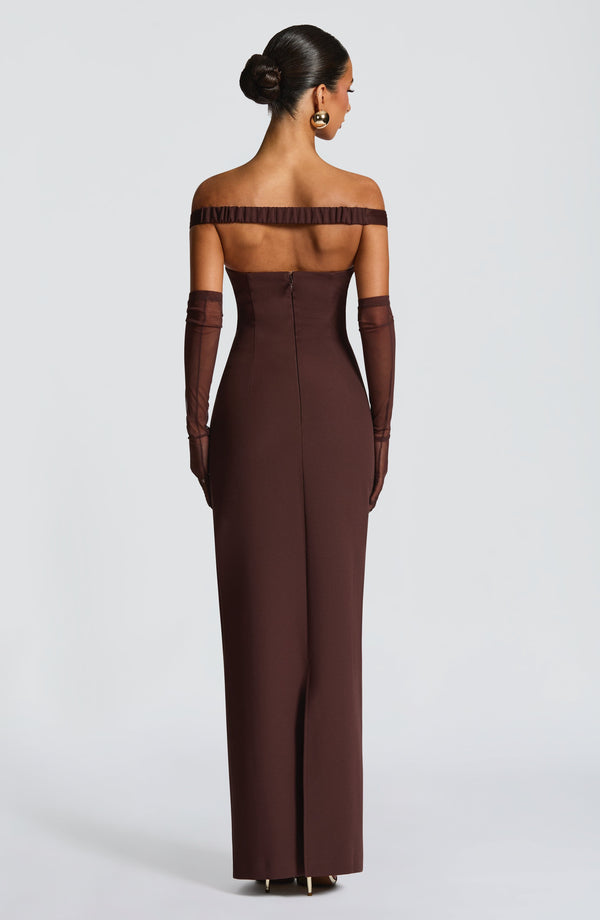 Off shoulder maxi dress with bardot neckline, draped scarf tie and ruched waist - view 10