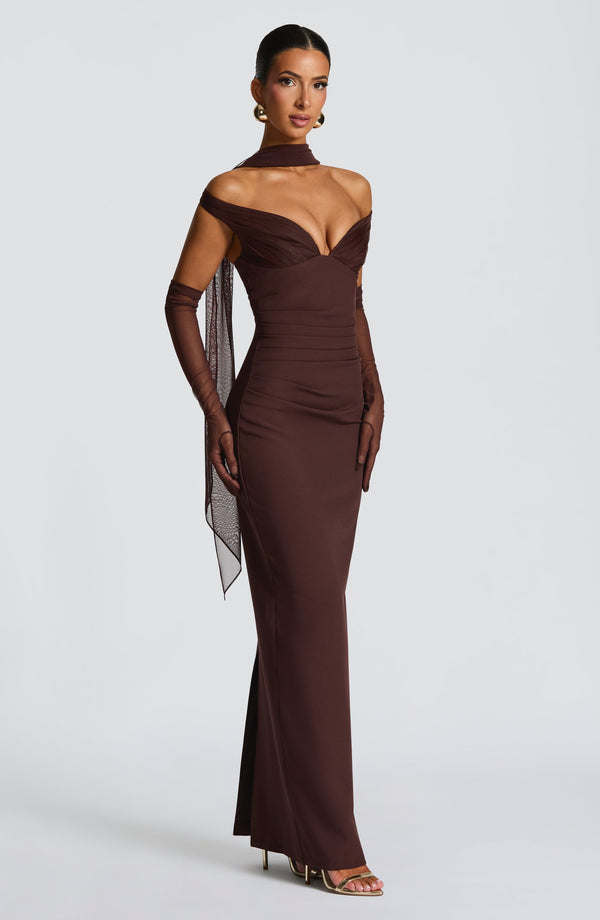 Off shoulder maxi dress with bardot neckline, draped scarf tie and ruched waist - view 11