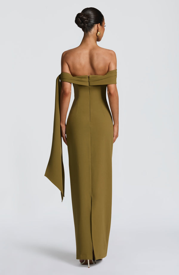Off shoulder maxi dress with bardot neckline, draped scarf tie and ruched waist - view 12