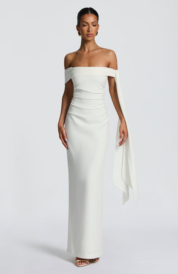 Off shoulder maxi dress with bardot neckline, draped scarf tie and ruched waist - view 13
