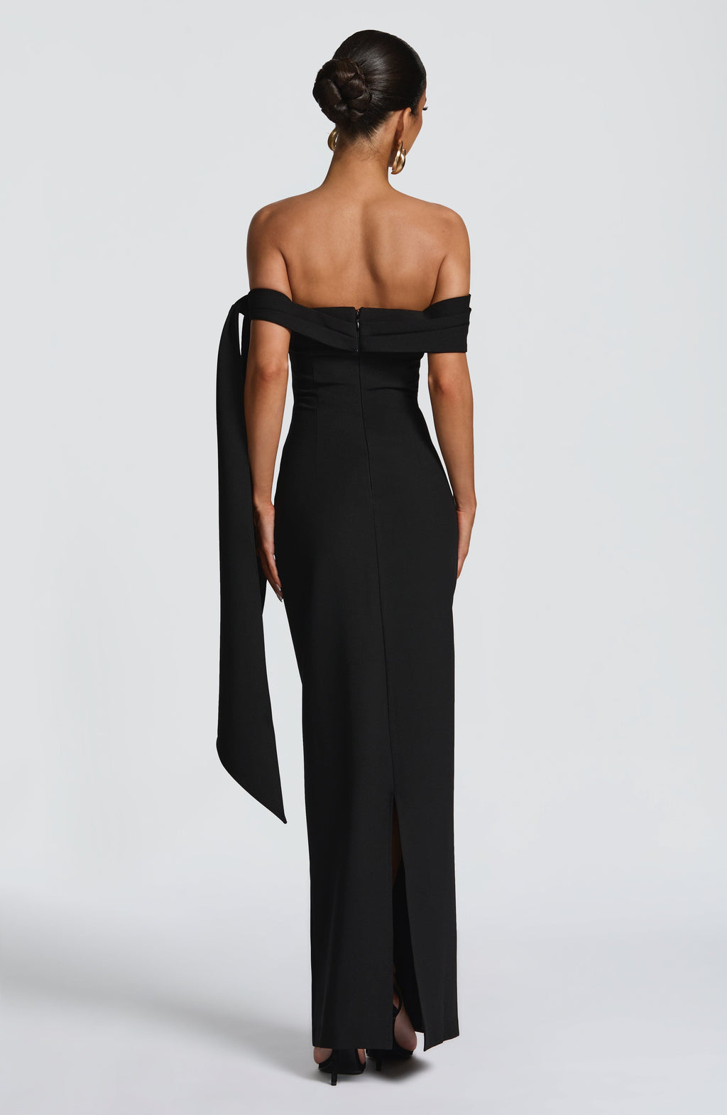 Off shoulder maxi dress with bardot neckline, draped scarf tie and ruched waist - view 2