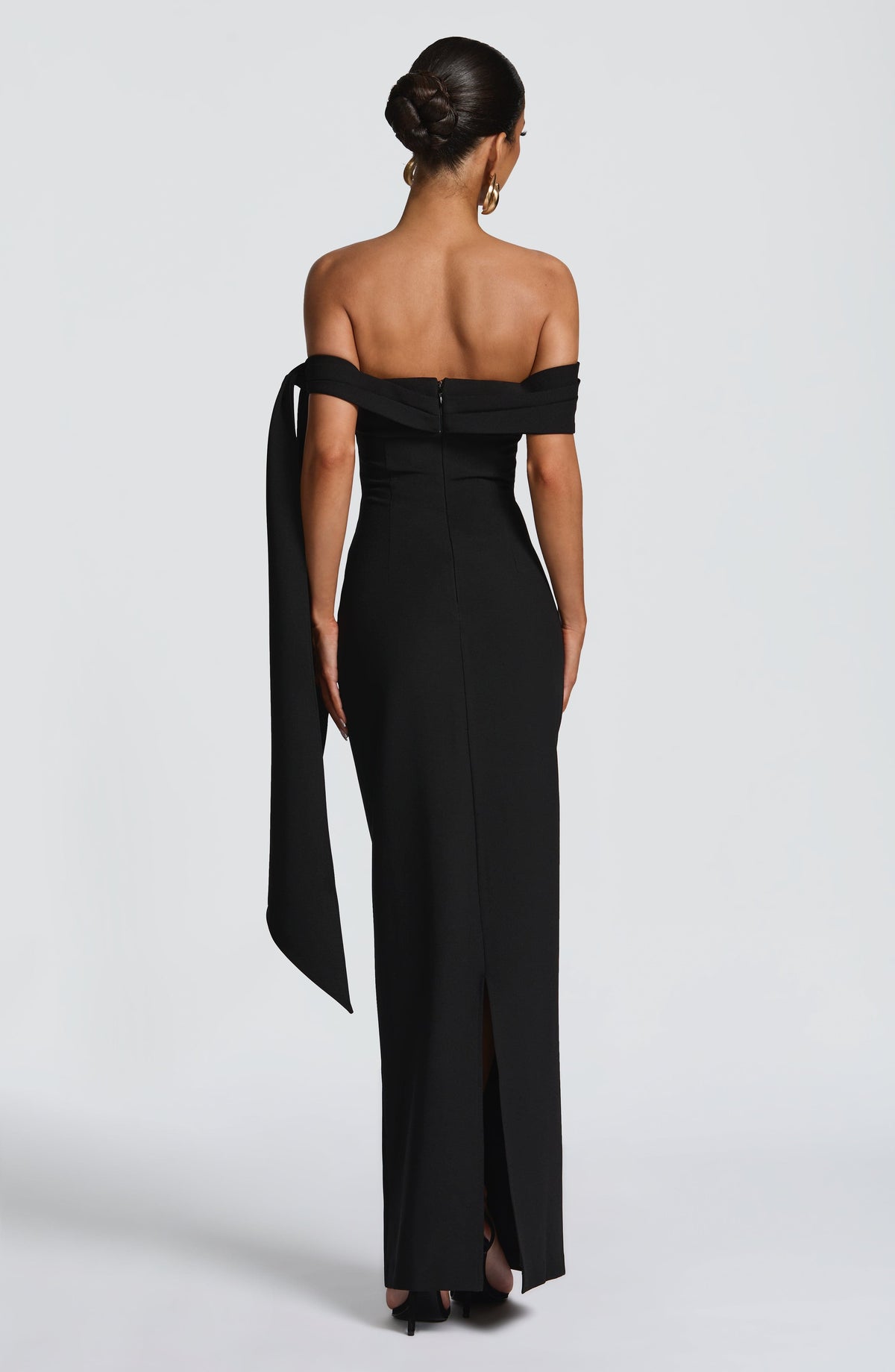 Off shoulder maxi dress with bardot neckline, draped scarf tie and ruched waist - view 2