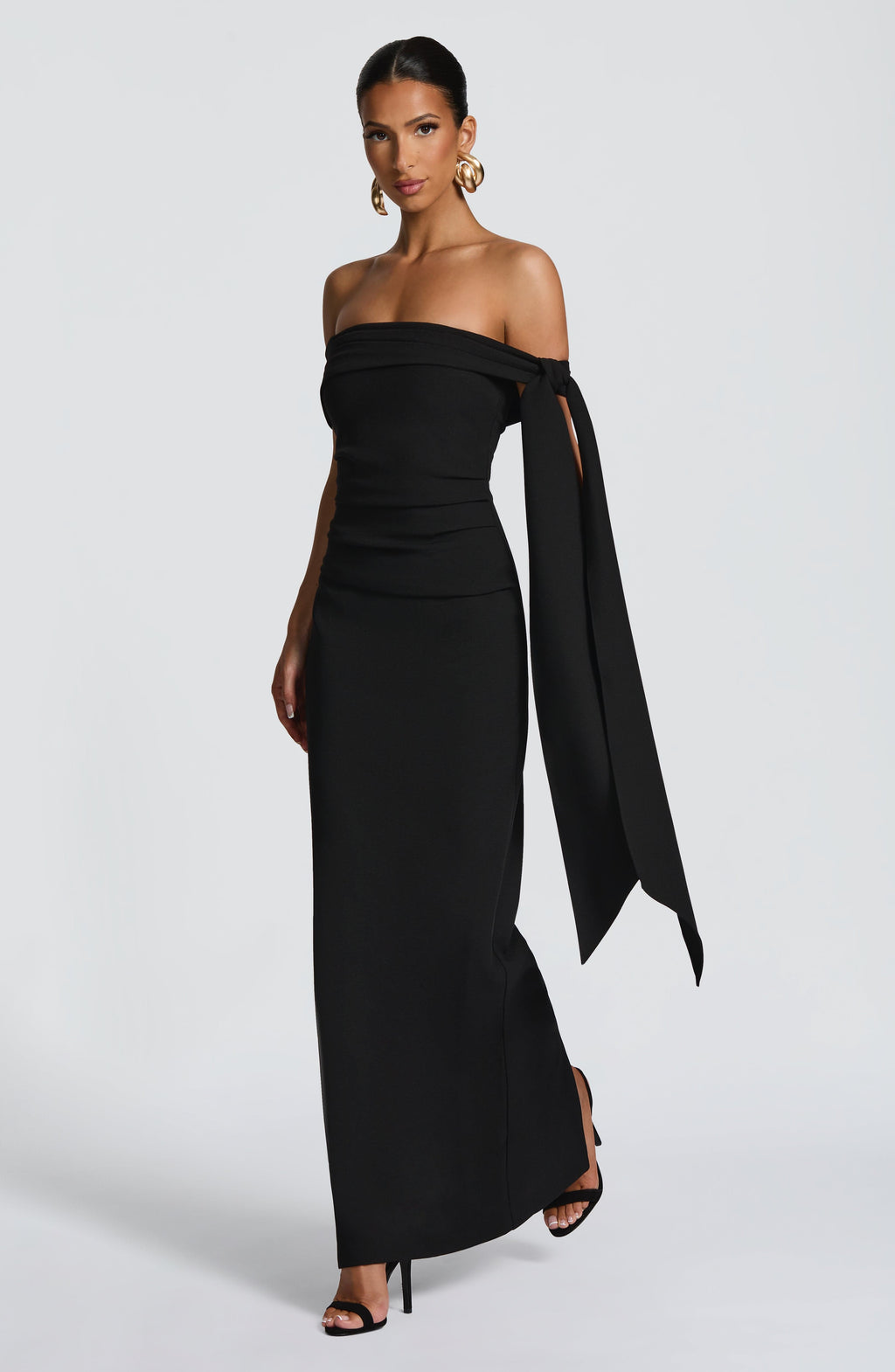 Off shoulder maxi dress with bardot neckline, draped scarf tie and ruched waist - view 3