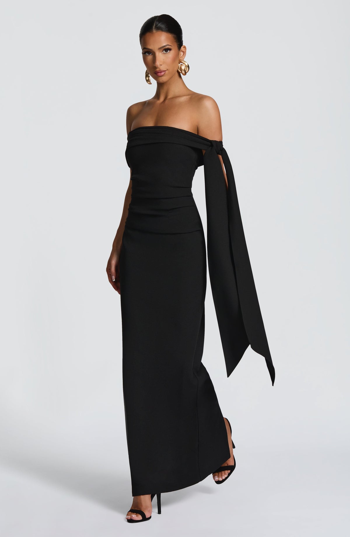 Off shoulder maxi dress with bardot neckline, draped scarf tie and ruched waist - view 3