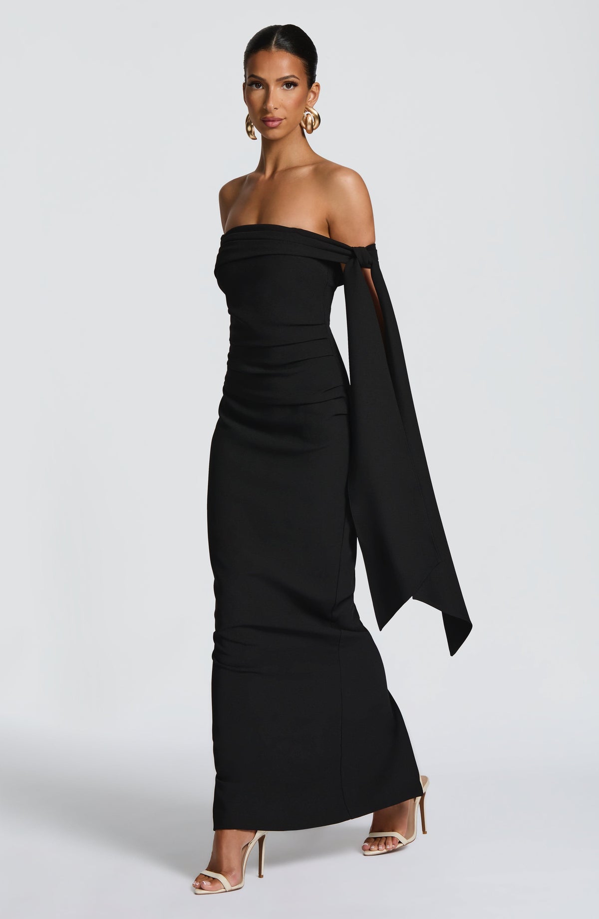 Off shoulder maxi dress with bardot neckline, draped scarf tie and ruched waist - view 4