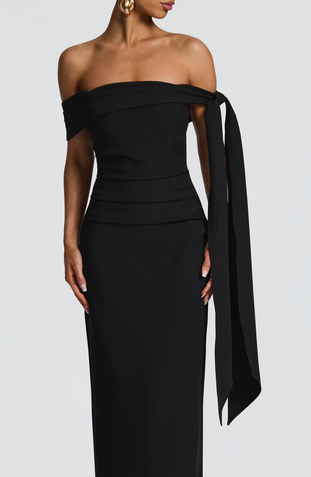 Off shoulder maxi dress with bardot neckline, draped scarf tie and ruched waist - view 5